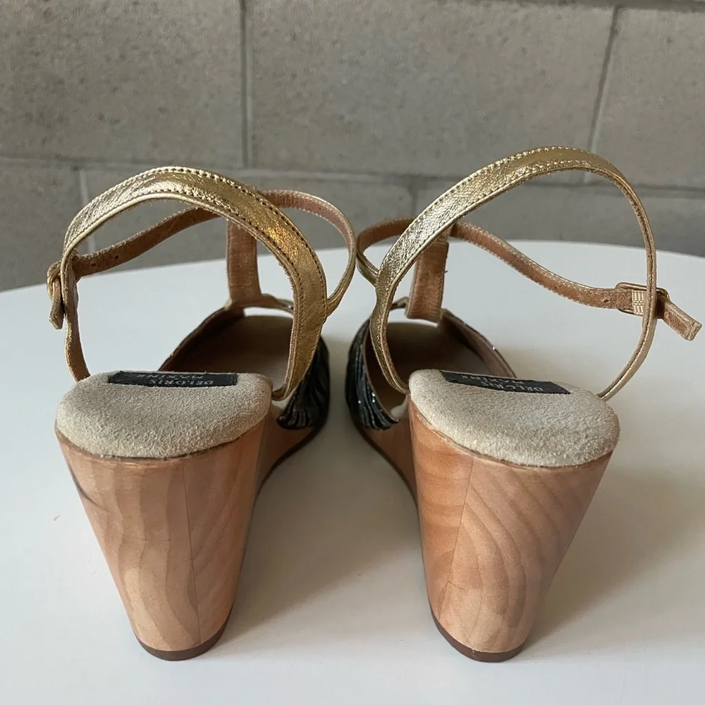 Vintage Inspired Gold and Brocade T-Strap Wedge Shoes - Picture 3 of 11